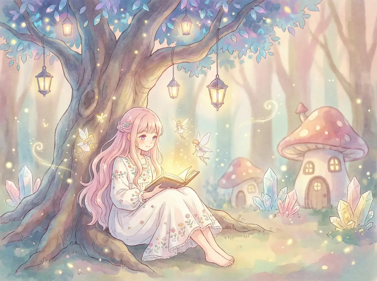 成长免费视频 - 魔法森林中阅读故事书的粉发少女与精灵